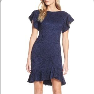 Vince Camuto Dark Blue Lace Flutter Sleeve Dress